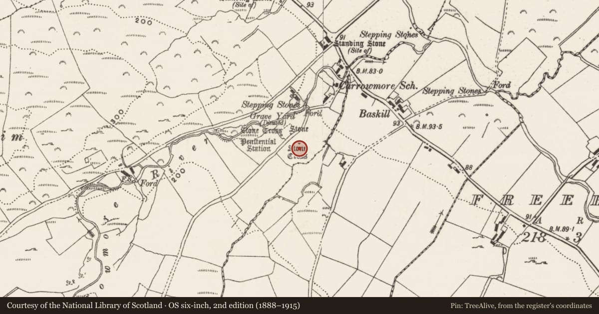 Ordnance Survey six-inch map, 2nd edition (1888–1915) covering the location of Cross-inscribed stone, Carrowmore, County Donegal, with a pin at the register's coordinates