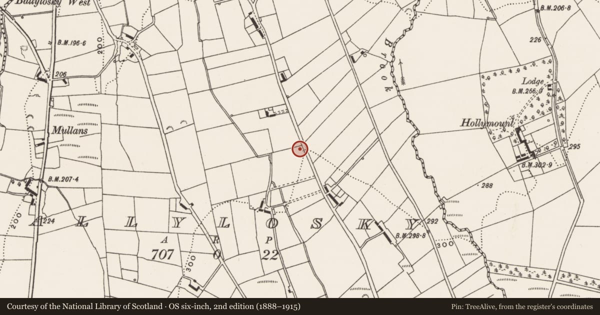 Ordnance Survey six-inch map, 2nd edition (1888–1915) covering the location of Souterrain, Ballylosky, County Donegal, with a pin at the register's coordinates