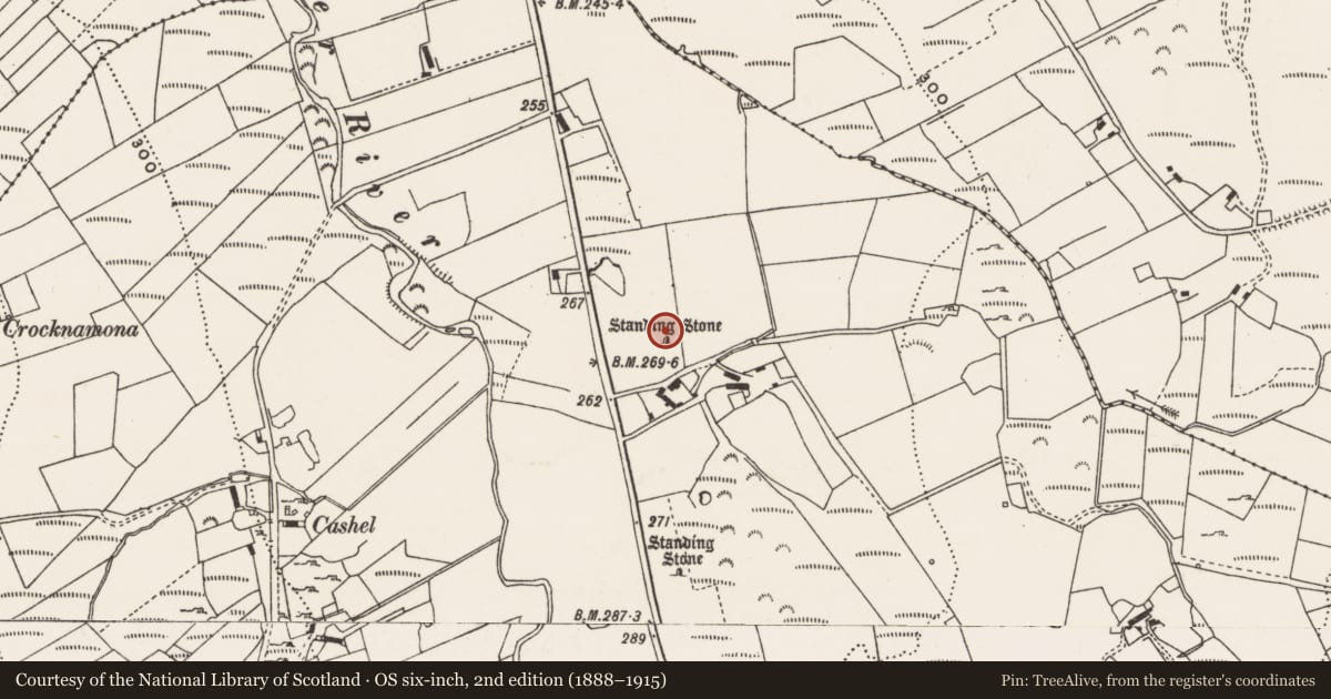 Ordnance Survey six-inch map, 2nd edition (1888–1915) covering the location of Standing stone, Cashel, County Donegal, with a pin at the register's coordinates