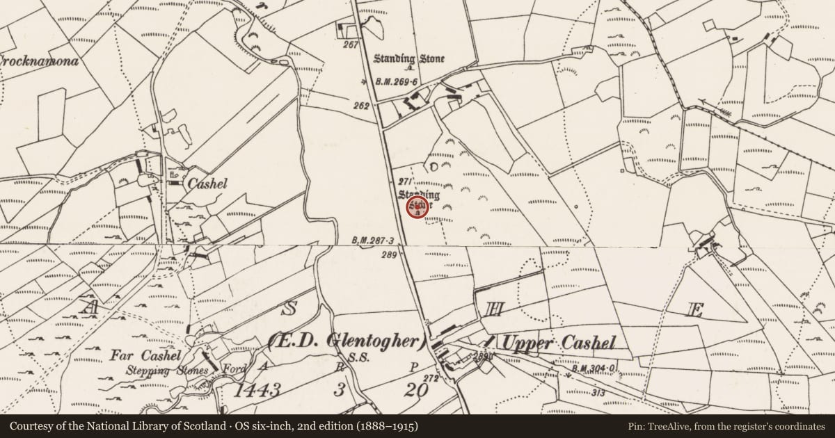 Ordnance Survey six-inch map, 2nd edition (1888–1915) covering the location of Standing stone, Cashel, County Donegal, with a pin at the register's coordinates