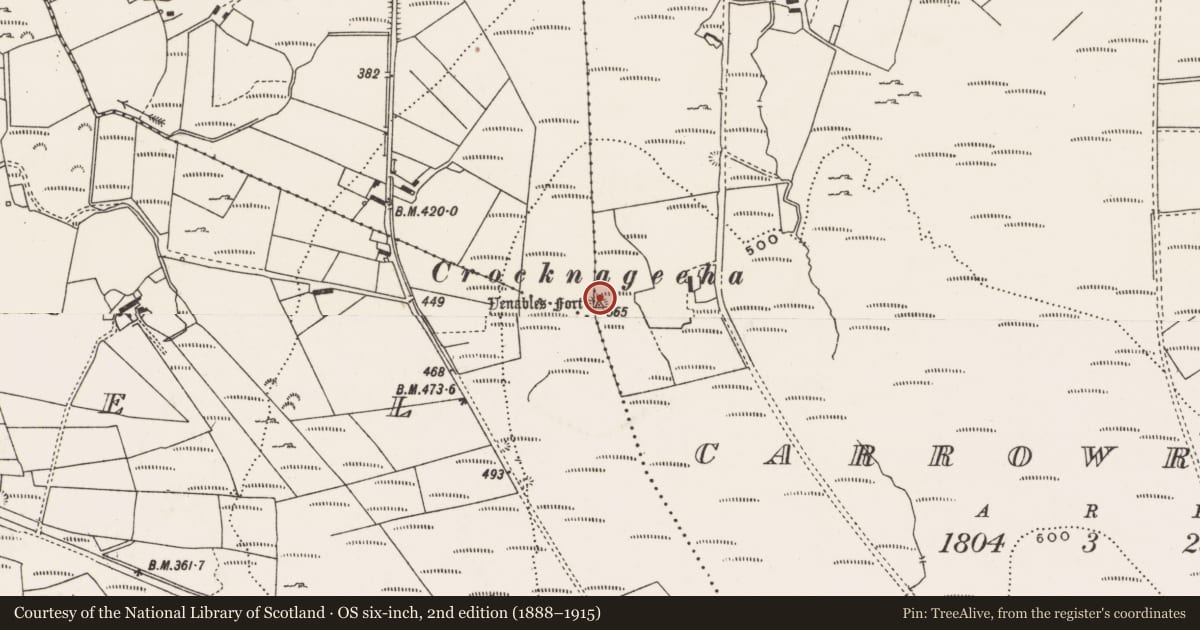 Ordnance Survey six-inch map, 2nd edition (1888–1915) covering the location of Ringfort - rath, Ballylosky, An Cheathrú Riabhach (TC Gleann Ó gCeanann), County Donegal, with a pin at the register's coordinates