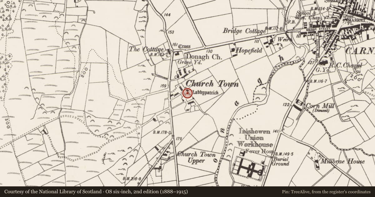 Ordnance Survey six-inch map, 2nd edition (1888–1915) covering the location of Megalithic tomb - unclassified, Churchland Quarters, County Donegal, with a pin at the register's coordinates