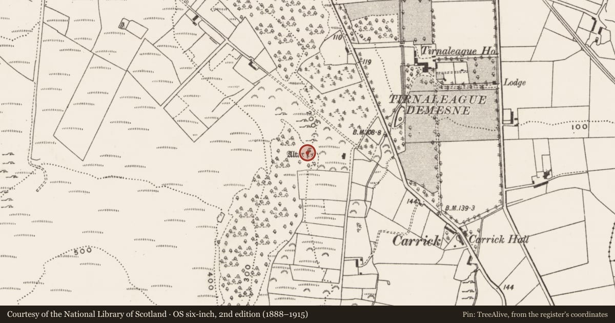 Ordnance Survey six-inch map, 2nd edition (1888–1915) covering the location of Penal Mass station, Churchland Quarters, County Donegal, with a pin at the register's coordinates