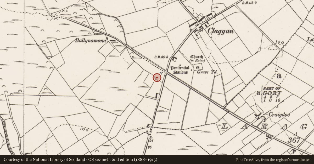 Ordnance Survey six-inch map, 2nd edition (1888–1915) covering the location of Enclosure, Clonca, County Donegal, with a pin at the register's coordinates