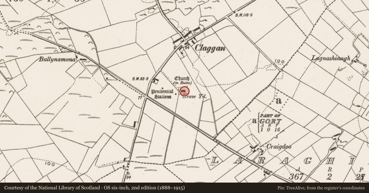 Ordnance Survey six-inch map, 2nd edition (1888–1915) covering the location of Church, Clonca, County Donegal, with a pin at the register's coordinates