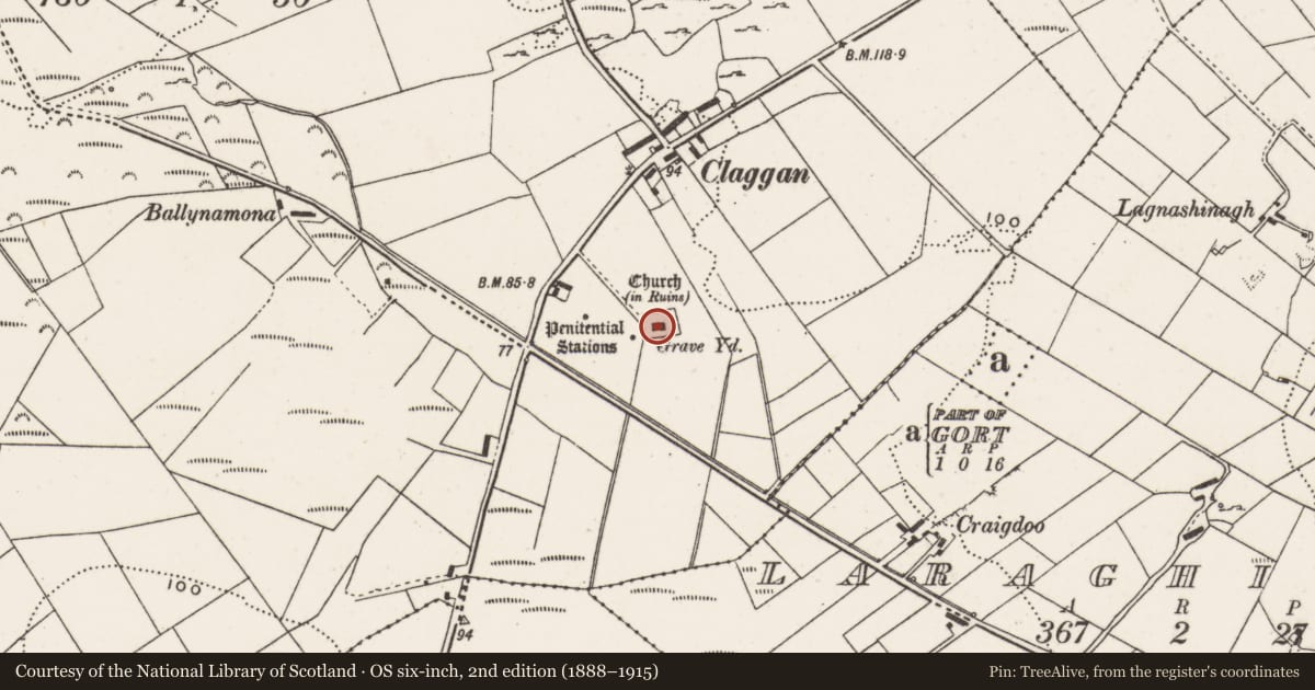 Ordnance Survey six-inch map, 2nd edition (1888–1915) covering the location of Inscribed stone, Clonca, County Donegal, with a pin at the register's coordinates