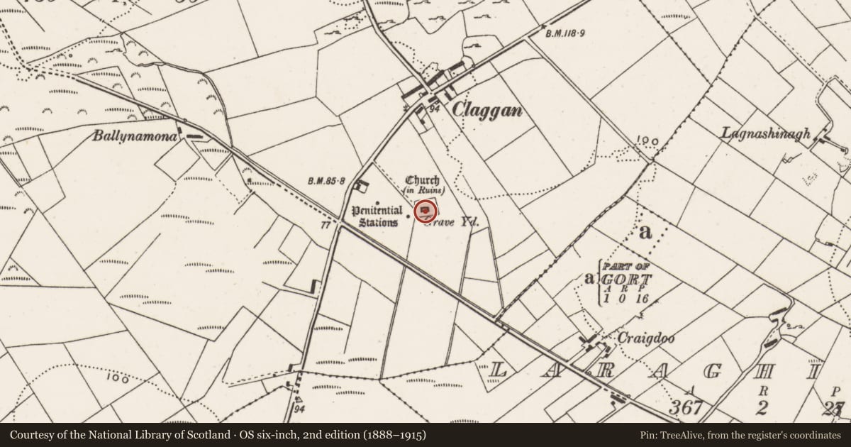 Ordnance Survey six-inch map, 2nd edition (1888–1915) covering the location of Bullaun stone, Clonca, County Donegal, with a pin at the register's coordinates