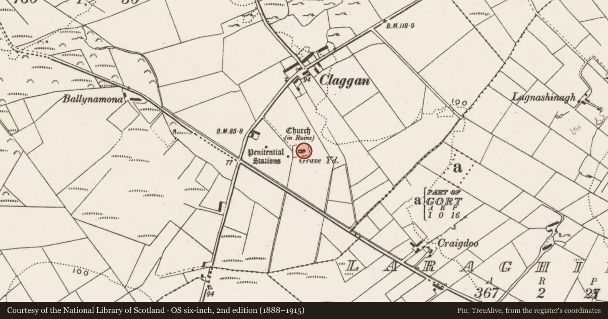Ordnance Survey six-inch map, 2nd edition (1888–1915) covering the location of Graveslab, Clonca, County Donegal, with a pin at the register's coordinates
