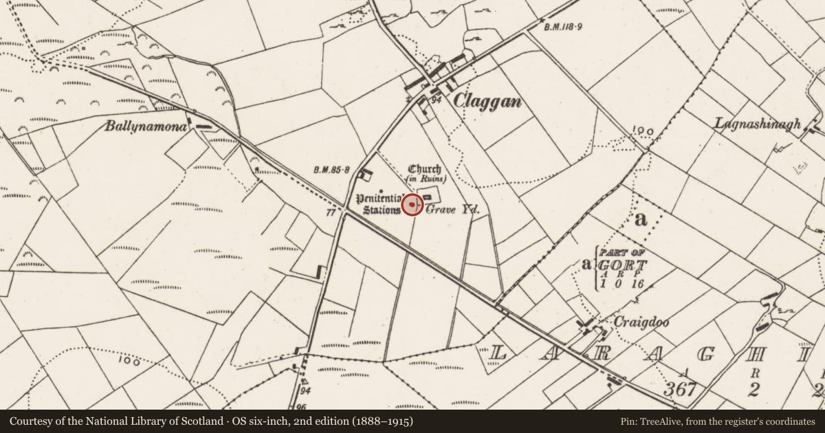 Ordnance Survey six-inch map, 2nd edition (1888–1915) covering the location of Cross - High cross, Clonca, County Donegal, with a pin at the register's coordinates