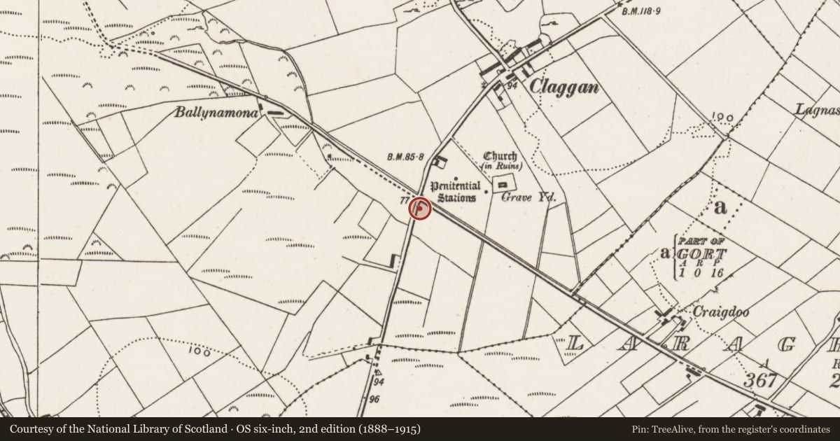 Ordnance Survey six-inch map, 2nd edition (1888–1915) covering the location of Ritual site - holy well, Clonca, County Donegal, with a pin at the register's coordinates