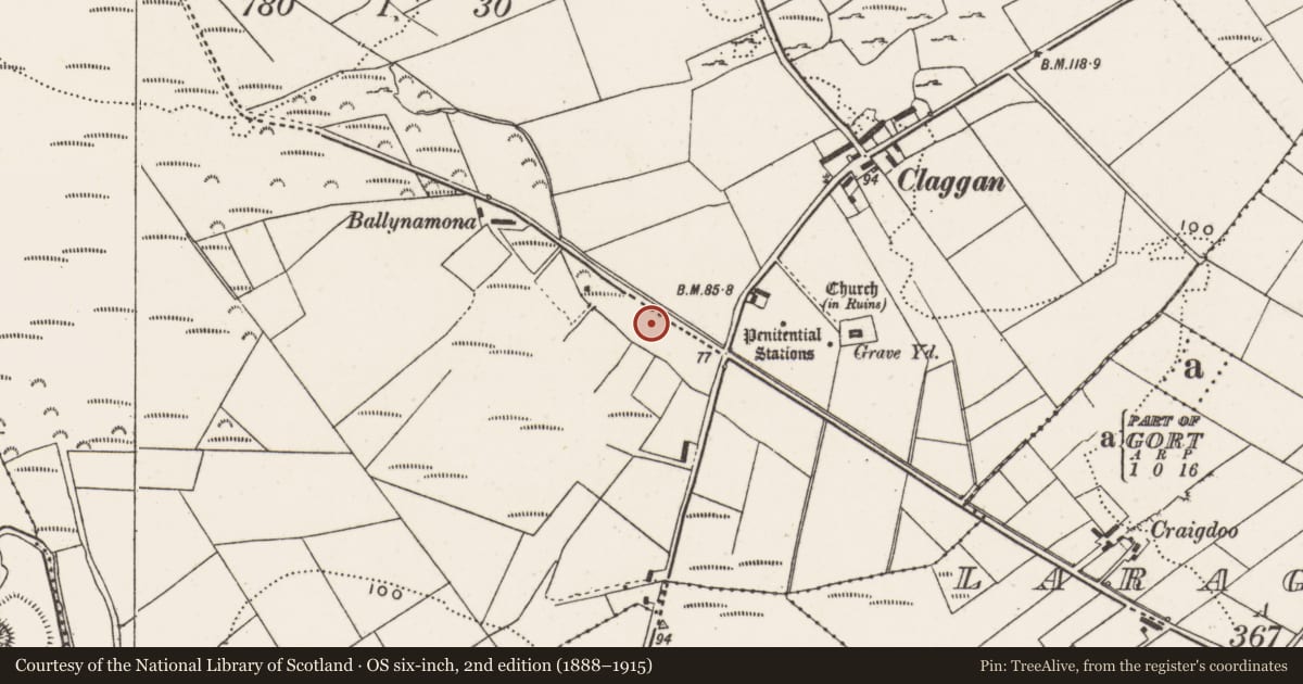 Ordnance Survey six-inch map, 2nd edition (1888–1915) covering the location of Cross-slab, Clonca, County Donegal, with a pin at the register's coordinates