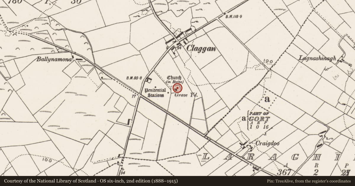 Ordnance Survey six-inch map, 2nd edition (1888–1915) covering the location of Graveyard, Clonca, County Donegal, with a pin at the register's coordinates