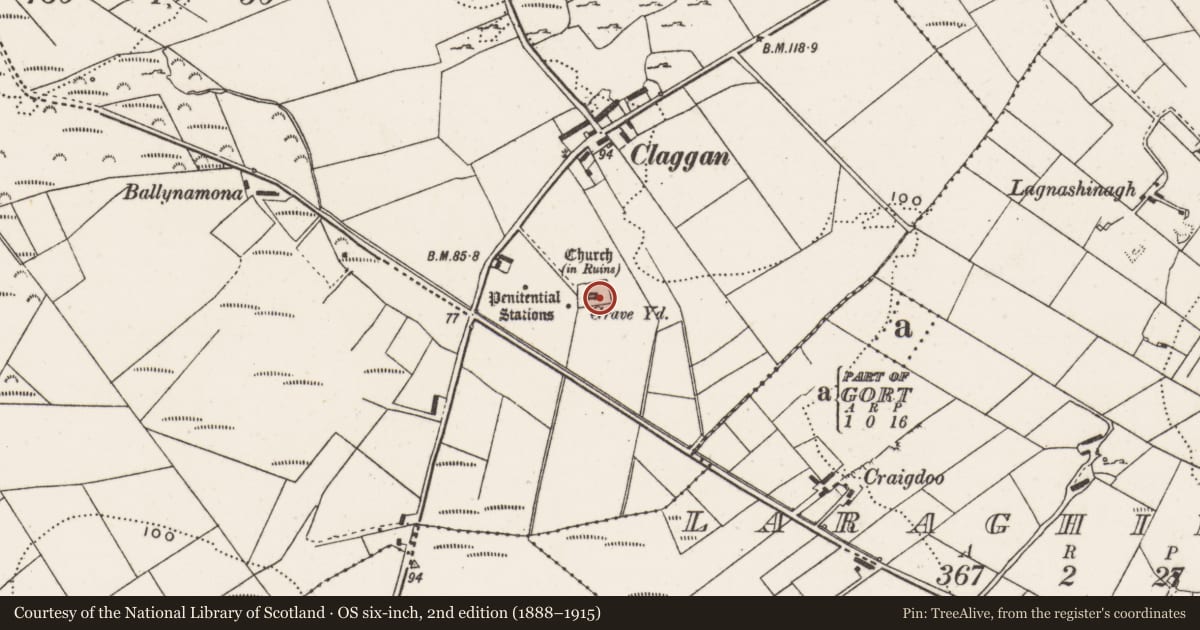 Ordnance Survey six-inch map, 2nd edition (1888–1915) covering the location of Graveslab, Clonca, County Donegal, with a pin at the register's coordinates