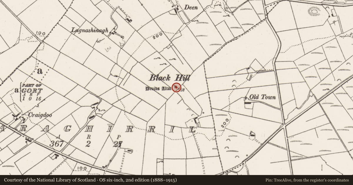 Ordnance Survey six-inch map, 2nd edition (1888–1915) covering the location of Megalithic tomb - court tomb, Laraghirril, County Donegal, with a pin at the register's coordinates