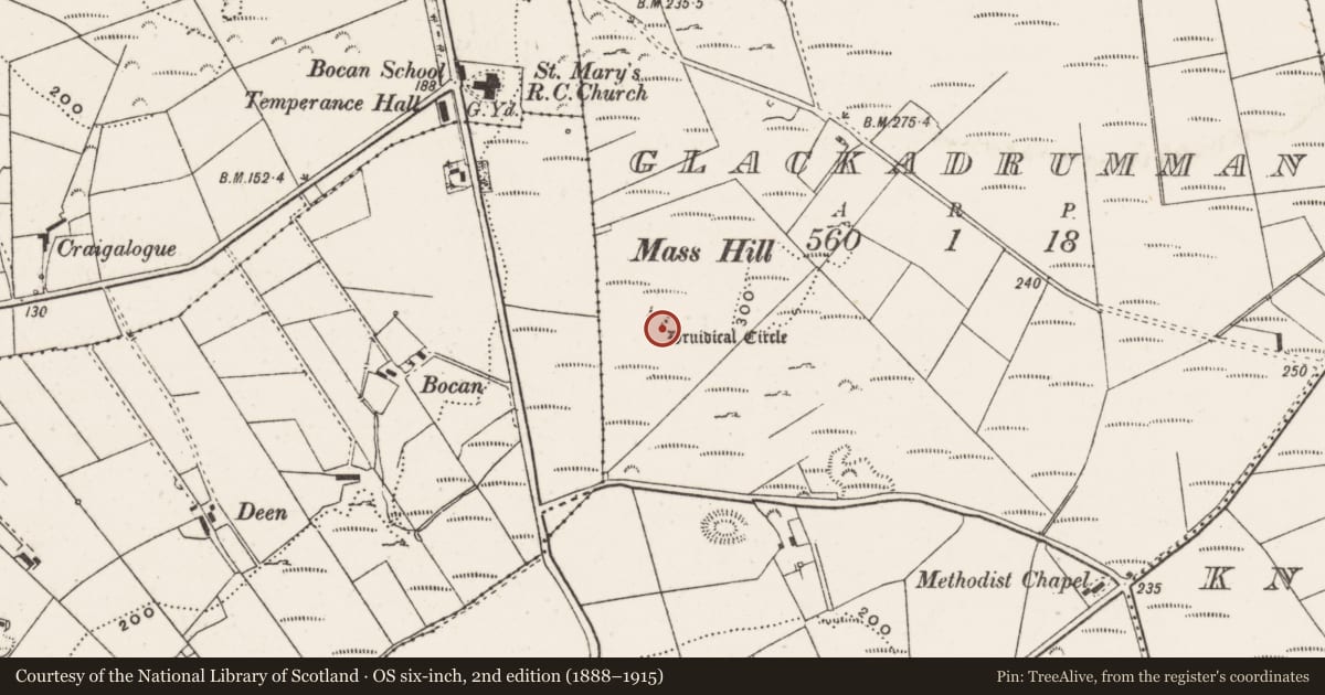 Ordnance Survey six-inch map, 2nd edition (1888–1915) covering the location of Stone circle, Glackadrumman, County Donegal, with a pin at the register's coordinates