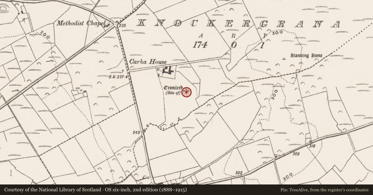 Ordnance Survey six-inch map, 2nd edition (1888–1915) covering the location of Megalithic tomb - court tomb, Knockergrana, County Donegal, with a pin at the register's coordinates