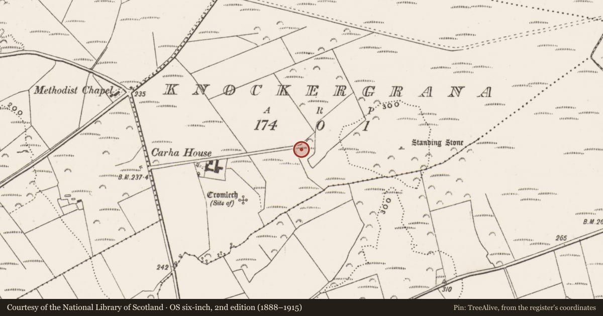 Ordnance Survey six-inch map, 2nd edition (1888–1915) covering the location of Rock art, Knockergrana, County Donegal, with a pin at the register's coordinates