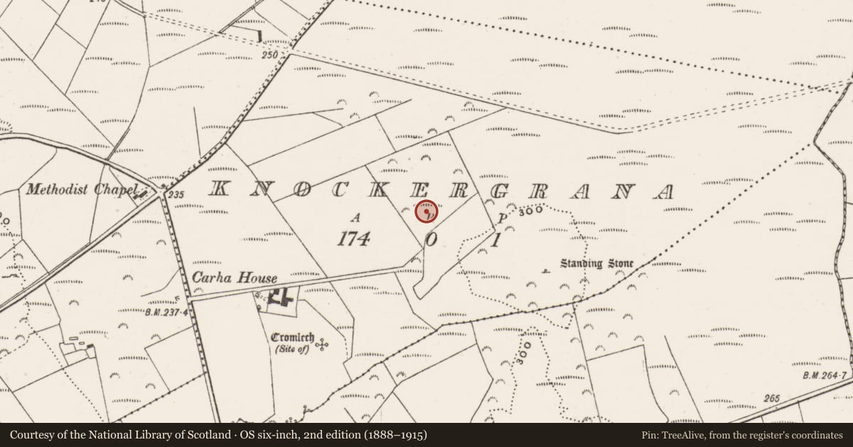 Ordnance Survey six-inch map, 2nd edition (1888–1915) covering the location of Building, Knockergrana, County Donegal, with a pin at the register's coordinates