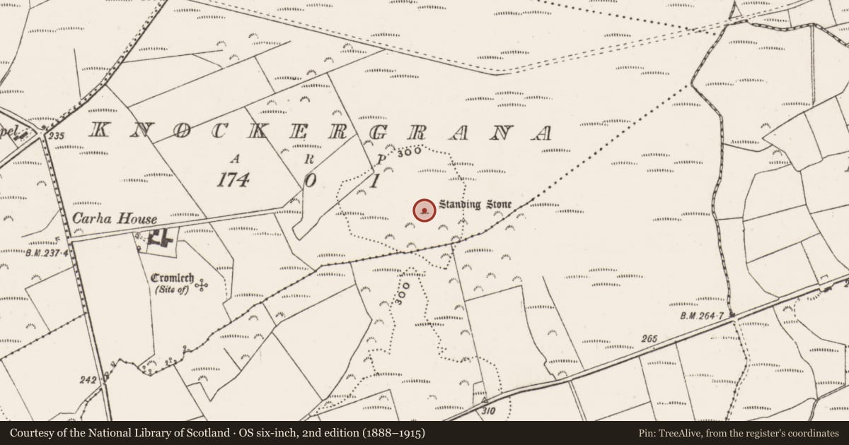 Ordnance Survey six-inch map, 2nd edition (1888–1915) covering the location of Standing stone, Knockergrana, County Donegal, with a pin at the register's coordinates