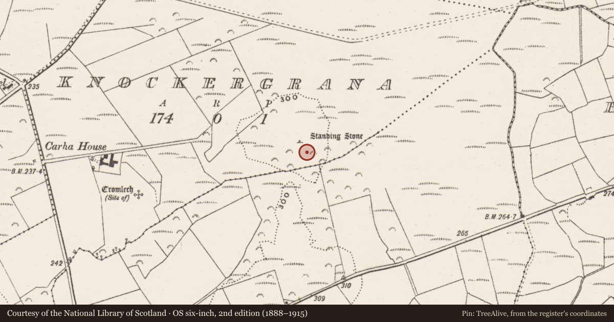 Ordnance Survey six-inch map, 2nd edition (1888–1915) covering the location of Enclosure, Knockergrana, County Donegal, with a pin at the register's coordinates