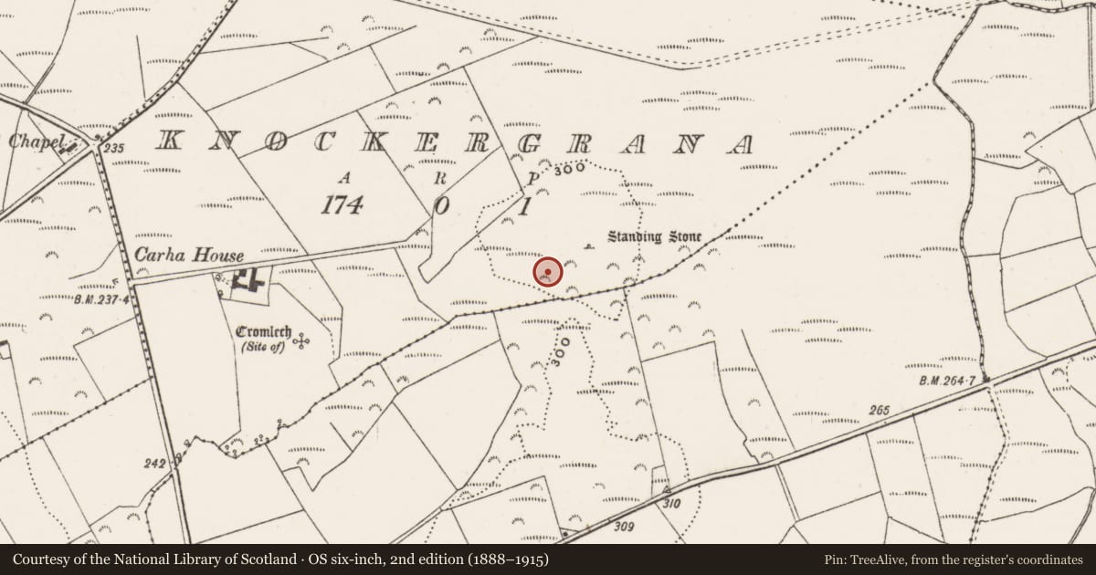 Ordnance Survey six-inch map, 2nd edition (1888–1915) covering the location of Field system, Kindroghed, Knockergrana, County Donegal, with a pin at the register's coordinates