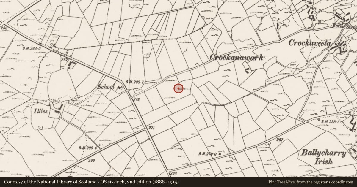 Ordnance Survey six-inch map, 2nd edition (1888–1915) covering the location of Standing stone, Ballycharry, County Donegal, with a pin at the register's coordinates
