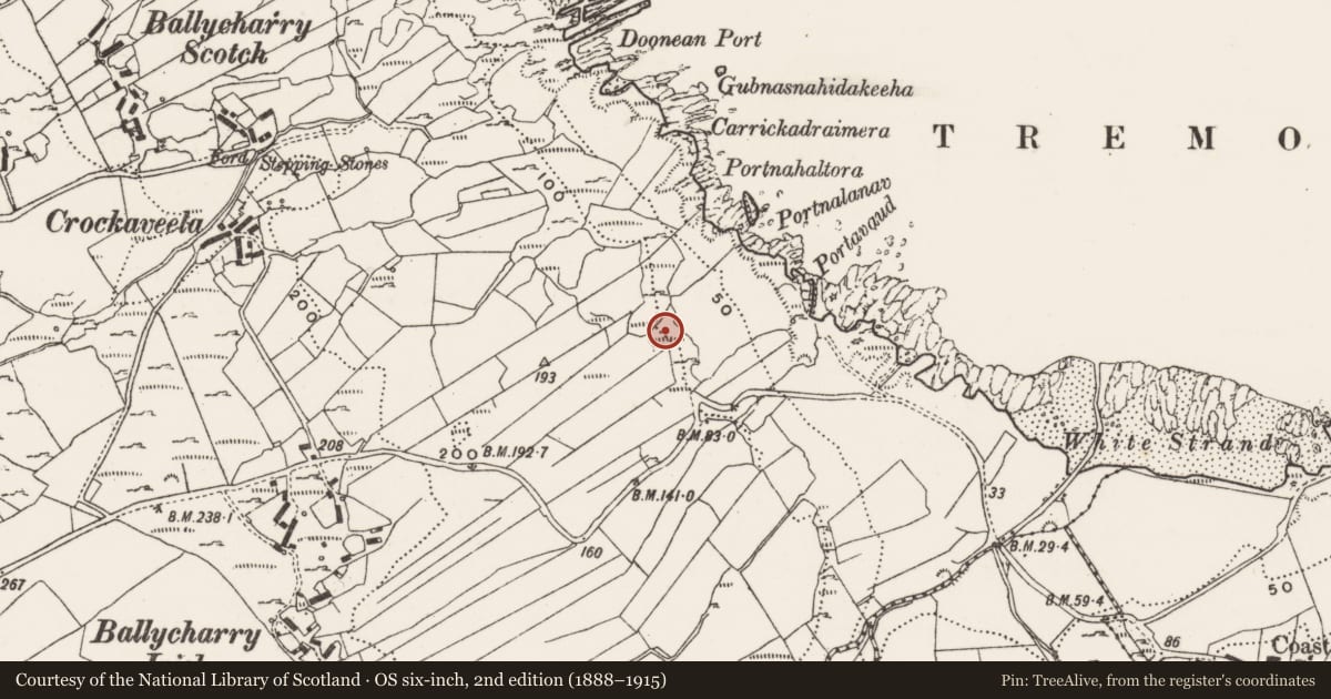 Ordnance Survey six-inch map, 2nd edition (1888–1915) covering the location of Burial ground, Ballycharry, County Donegal, with a pin at the register's coordinates