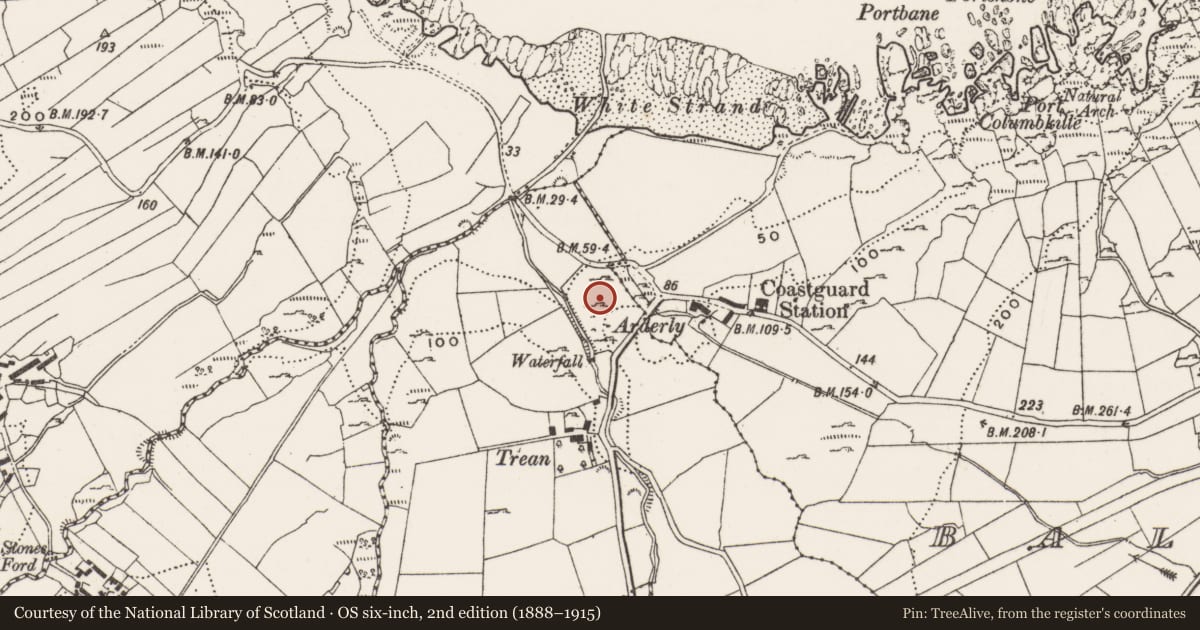 Ordnance Survey six-inch map, 2nd edition (1888–1915) covering the location of Children's burial ground, Carrowbeg, County Donegal, with a pin at the register's coordinates