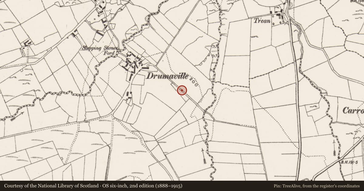 Ordnance Survey six-inch map, 2nd edition (1888–1915) covering the location of Cross-inscribed pillar (present location), Drumaville, County Donegal, with a pin at the register's coordinates