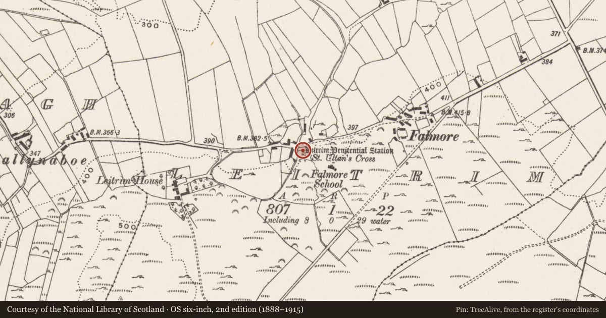 Ordnance Survey six-inch map, 2nd edition (1888–1915) covering the location of Ritual site - holy well, Leitrim, County Donegal, with a pin at the register's coordinates