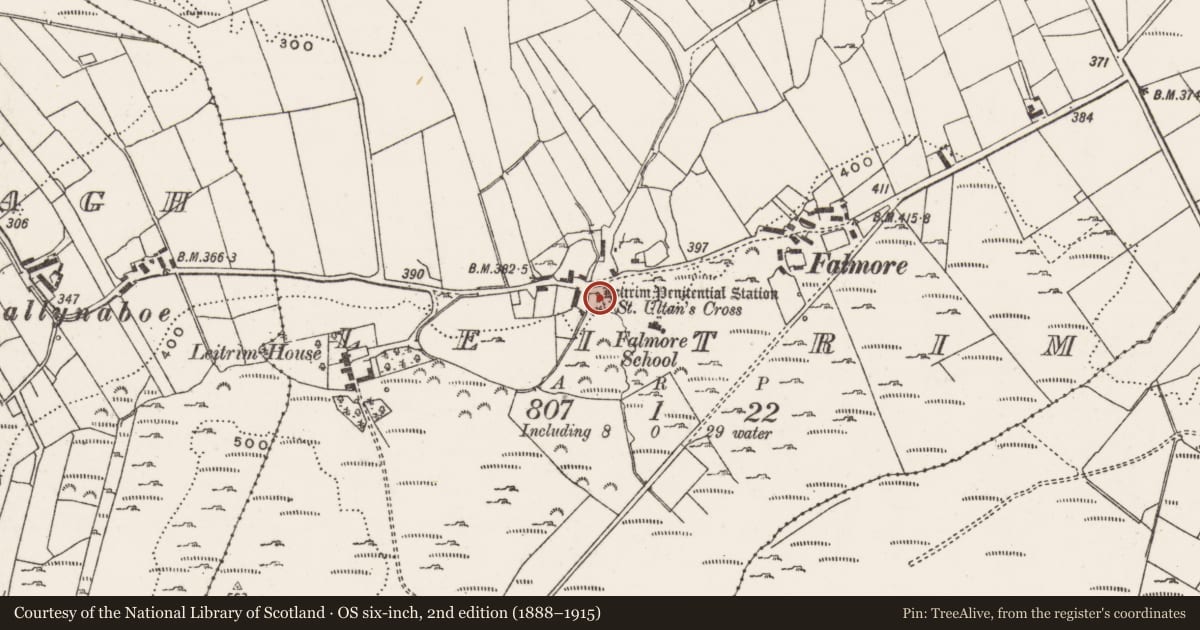 Ordnance Survey six-inch map, 2nd edition (1888–1915) covering the location of Cross, Leitrim, County Donegal, with a pin at the register's coordinates