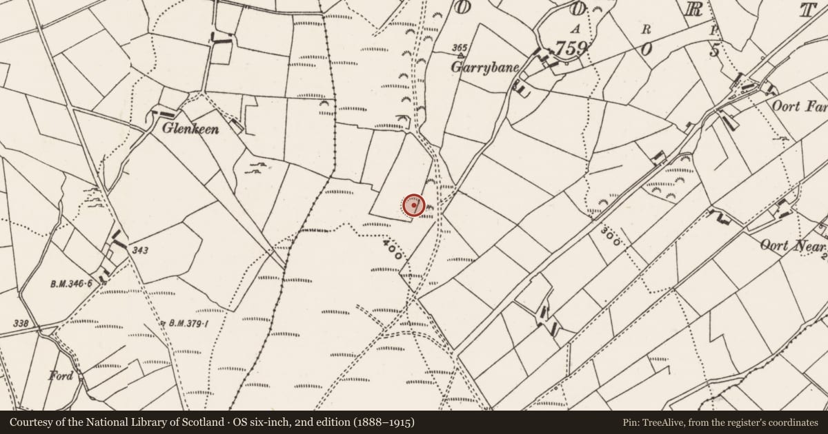 Ordnance Survey six-inch map, 2nd edition (1888–1915) covering the location of Ringfort - unclassified, Oort, County Donegal, with a pin at the register's coordinates