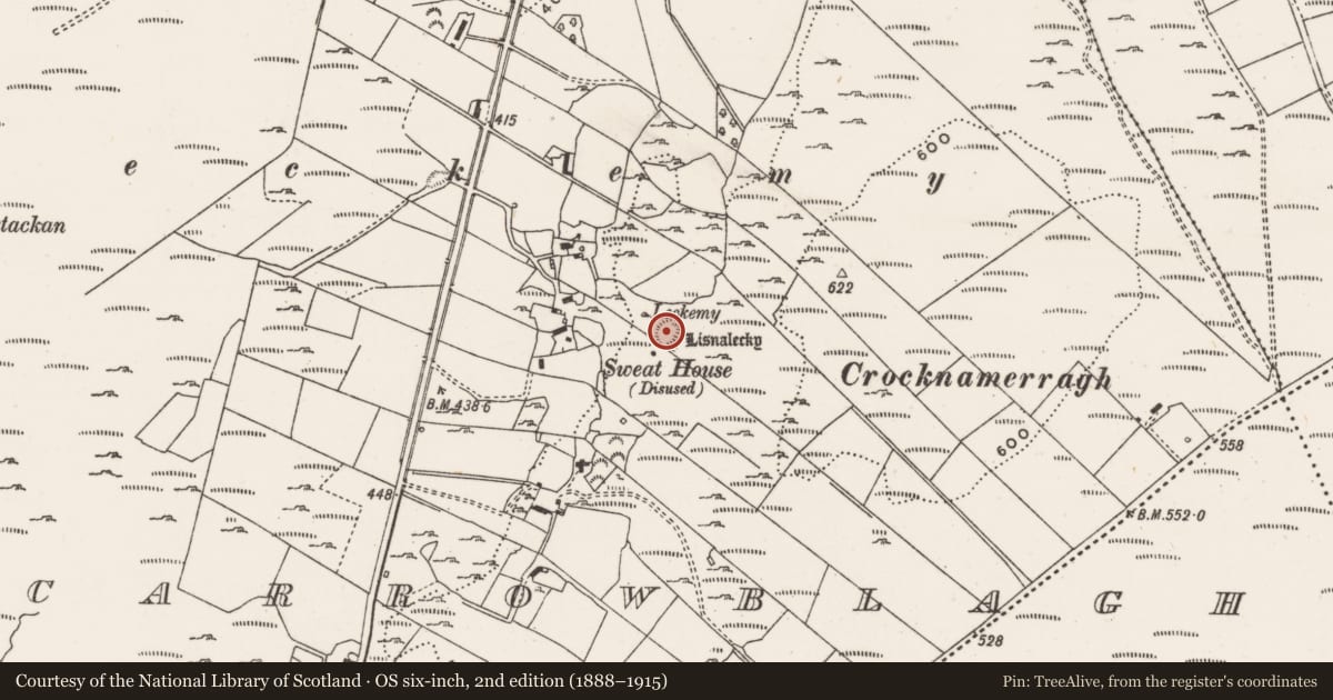 Ordnance Survey six-inch map, 2nd edition (1888–1915) covering the location of Ringfort - rath, Carrowblagh Or Leckemy, County Donegal, with a pin at the register's coordinates
