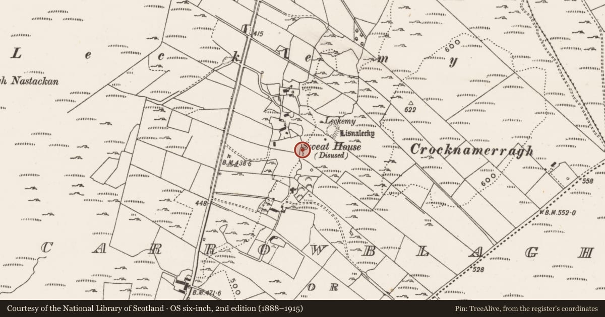 Ordnance Survey six-inch map, 2nd edition (1888–1915) covering the location of Sweathouse, Carrowblagh Or Leckemy, County Donegal, with a pin at the register's coordinates