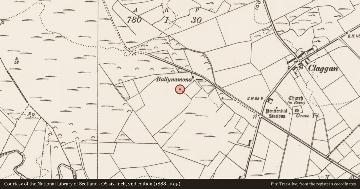 Ordnance Survey six-inch map, 2nd edition (1888–1915) covering the location of Cist, Clonca, County Donegal, with a pin at the register's coordinates
