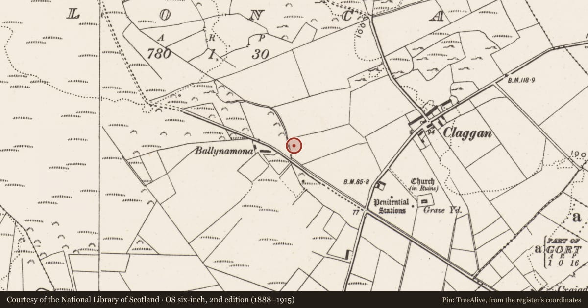 Ordnance Survey six-inch map, 2nd edition (1888–1915) covering the location of Burnt mound, Clonca, County Donegal, with a pin at the register's coordinates