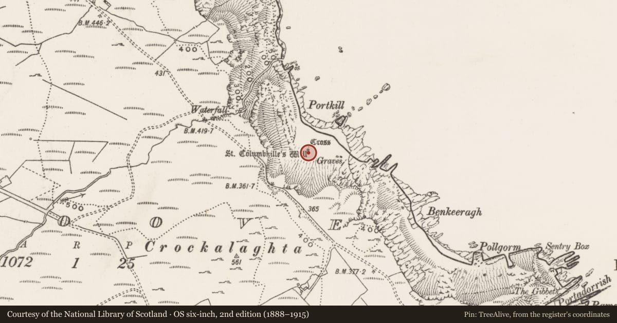 Ordnance Survey six-inch map, 2nd edition (1888–1915) covering the location of Ritual site - holy well, Stroove, County Donegal, with a pin at the register's coordinates