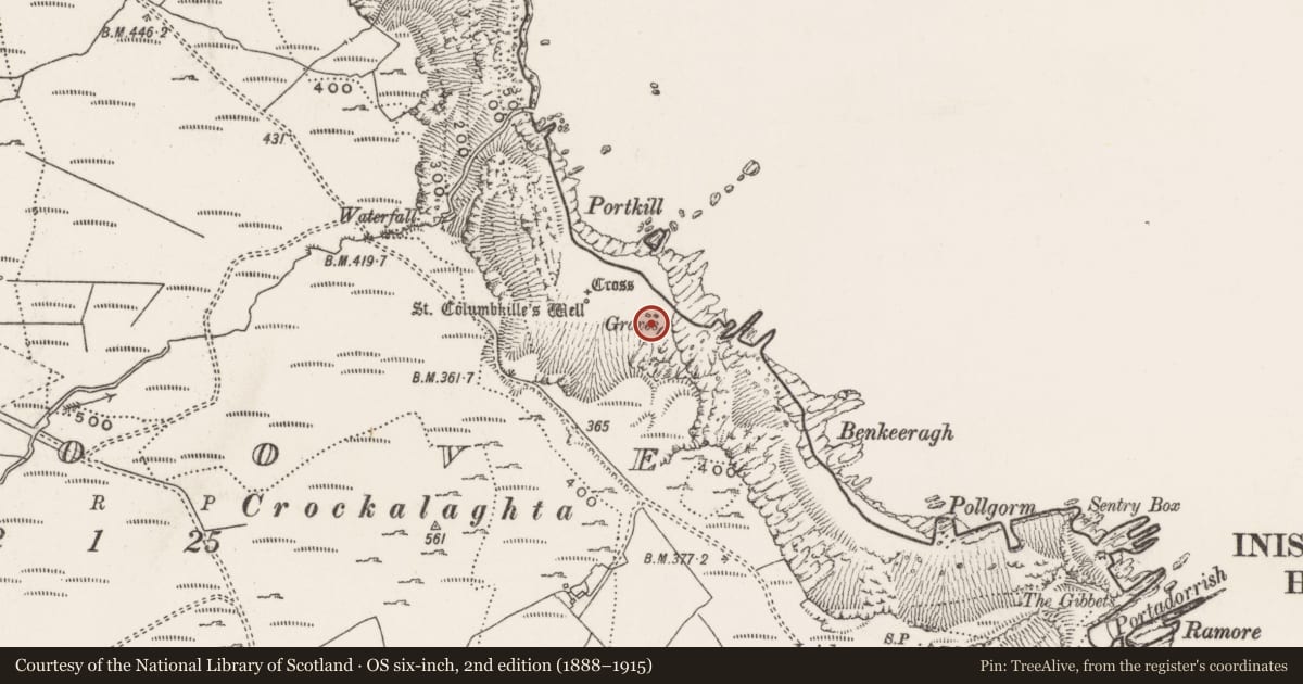 Ordnance Survey six-inch map, 2nd edition (1888–1915) covering the location of Burial, Stroove, County Donegal, with a pin at the register's coordinates