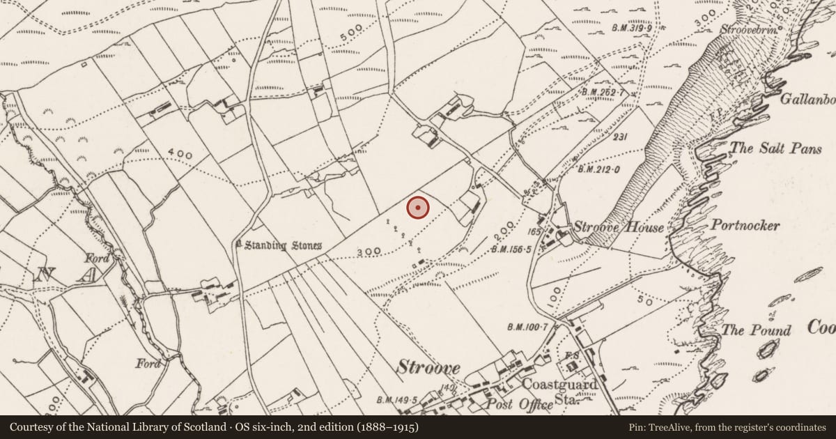 Ordnance Survey six-inch map, 2nd edition (1888–1915) covering the location of Souterrain, Stroove, County Donegal, with a pin at the register's coordinates
