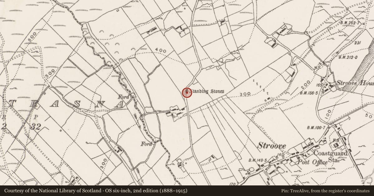 Ordnance Survey six-inch map, 2nd edition (1888–1915) covering the location of Megalithic tomb - unclassified, Stroove, County Donegal, with a pin at the register's coordinates