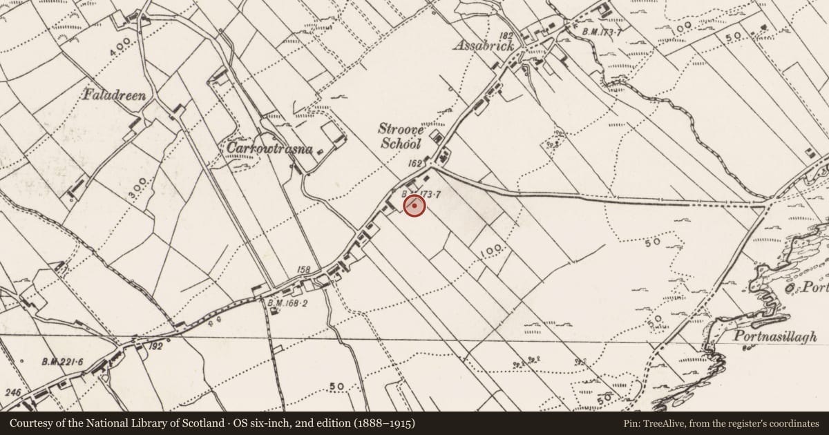 Ordnance Survey six-inch map, 2nd edition (1888–1915) covering the location of Enclosure, Carrowtrasna, County Donegal, with a pin at the register's coordinates