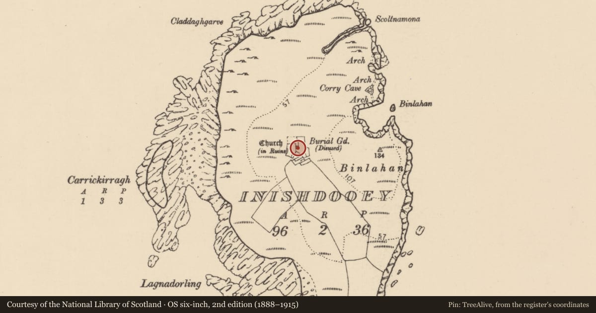 Ordnance Survey six-inch map, 2nd edition (1888–1915) covering the location of Church, Oileán Dúiche, County Donegal, with a pin at the register's coordinates