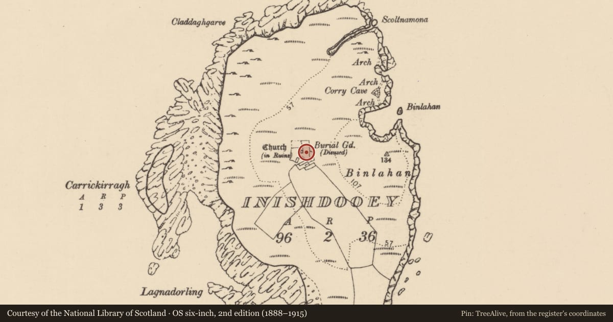Ordnance Survey six-inch map, 2nd edition (1888–1915) covering the location of Graveyard, Oileán Dúiche, County Donegal, with a pin at the register's coordinates