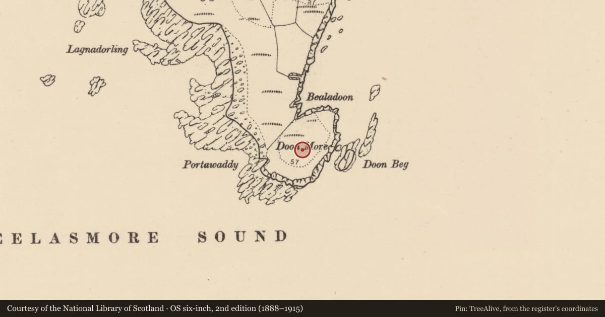 Ordnance Survey six-inch map, 2nd edition (1888–1915) covering the location of Promontory fort - coastal, Oileán Dúiche, County Donegal, with a pin at the register's coordinates