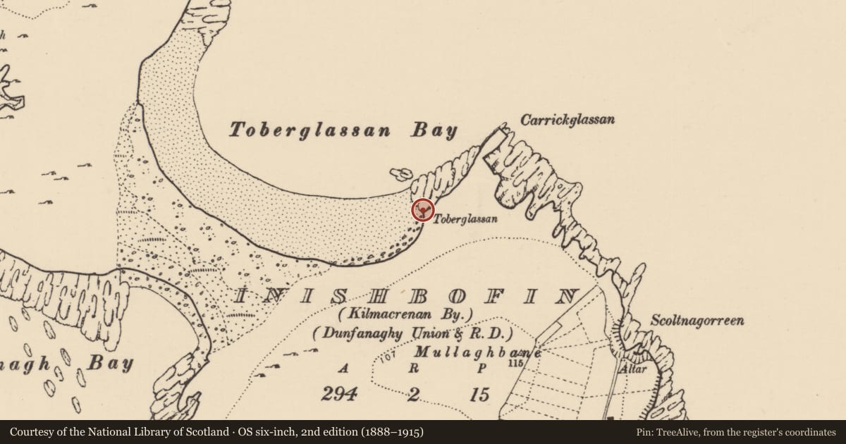Ordnance Survey six-inch map, 2nd edition (1888–1915) covering the location of Ritual site - holy well, Inis Bó Finne, County Donegal, with a pin at the register's coordinates