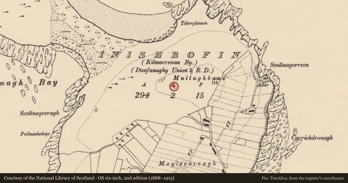 Ordnance Survey six-inch map, 2nd edition (1888–1915) covering the location of Mound, Inis Bó Finne, County Donegal, with a pin at the register's coordinates