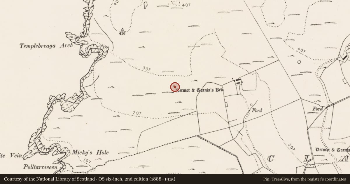 Ordnance Survey six-inch map, 2nd edition (1888–1915) covering the location of Megalithic tomb - portal tomb, Claggan, County Donegal, with a pin at the register's coordinates
