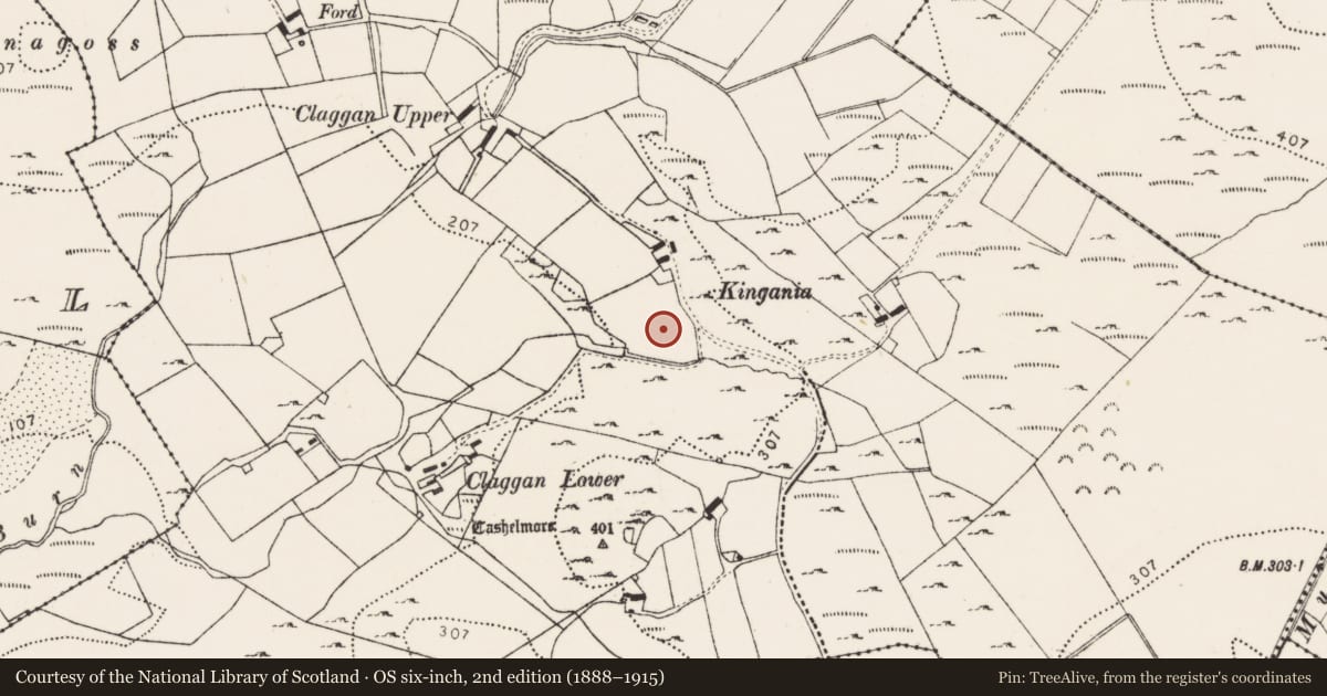 Ordnance Survey six-inch map, 2nd edition (1888–1915) covering the location of Fulacht fia, Claggan, County Donegal, with a pin at the register's coordinates