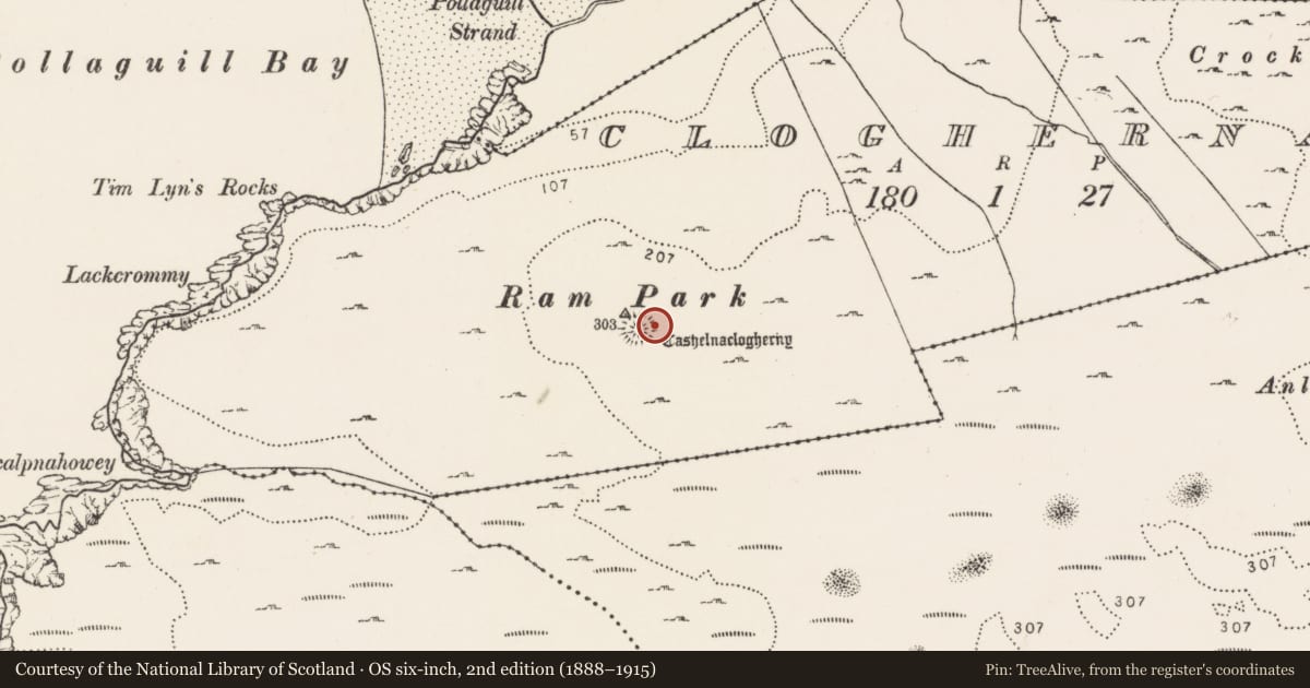 Ordnance Survey six-inch map, 2nd edition (1888–1915) covering the location of Ringfort - cashel, Cloghernagh, County Donegal, with a pin at the register's coordinates