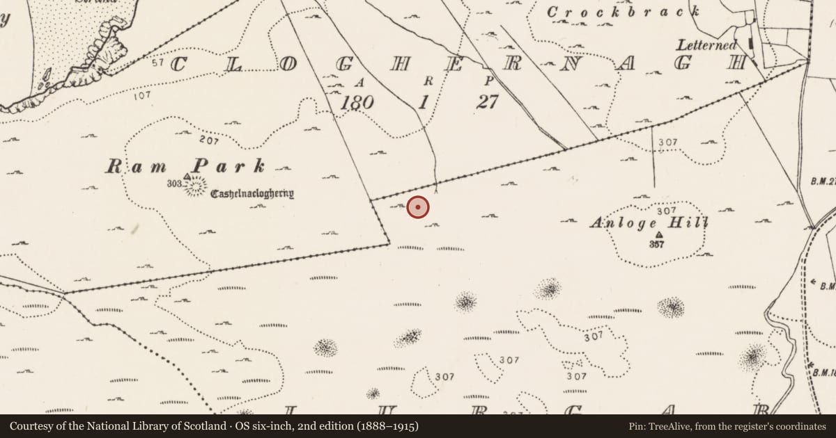 Ordnance Survey six-inch map, 2nd edition (1888–1915) covering the location of Field system, Cloghernagh, County Donegal, with a pin at the register's coordinates